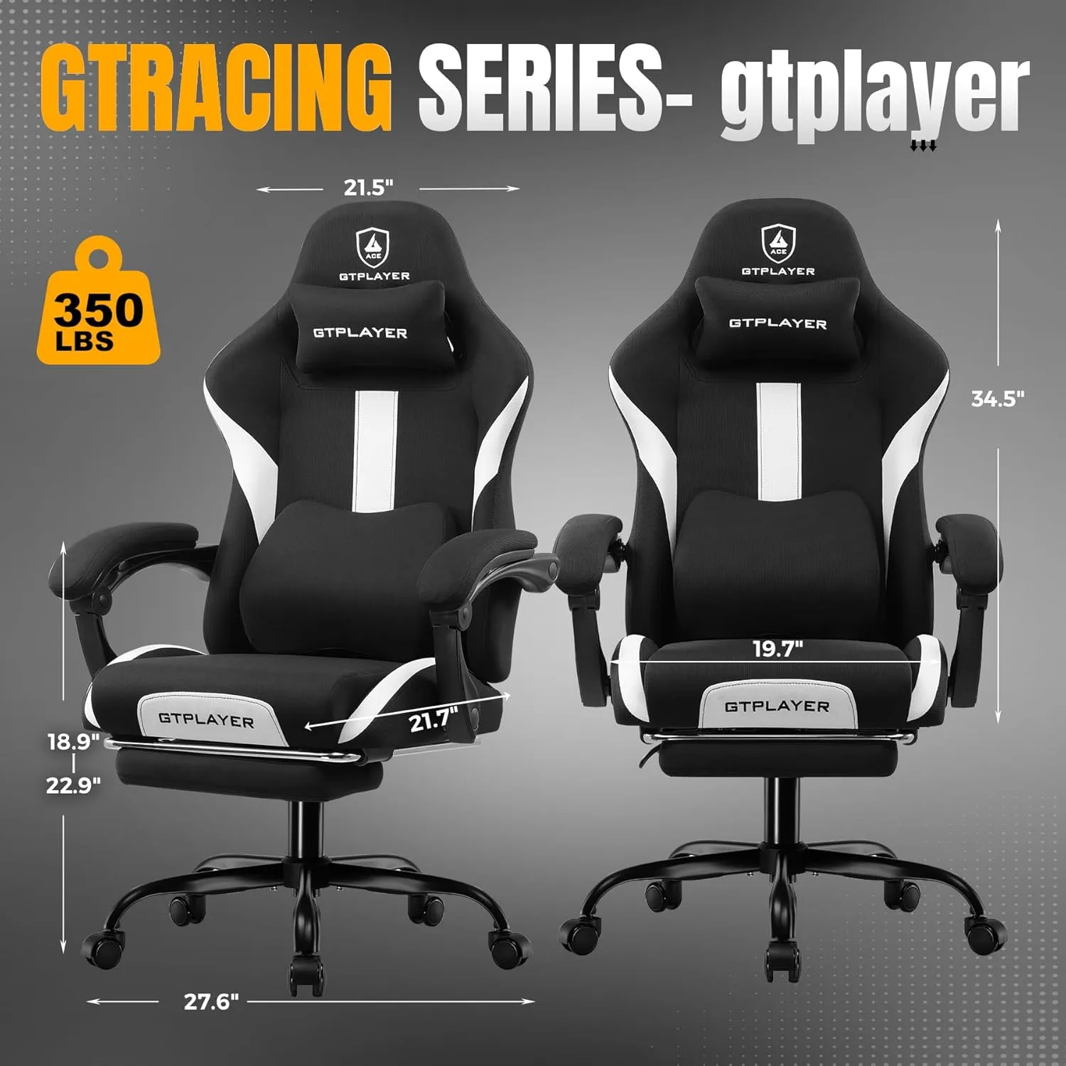 GTRACING Gaming Chair Ergonomic Office Chair with Foot Rest & Pocket Spring Cushion, High Back Computer Desk Chair with Headrest & Lumbar Support, Breathable Fabric Game Chair for Adults, Coal-Black