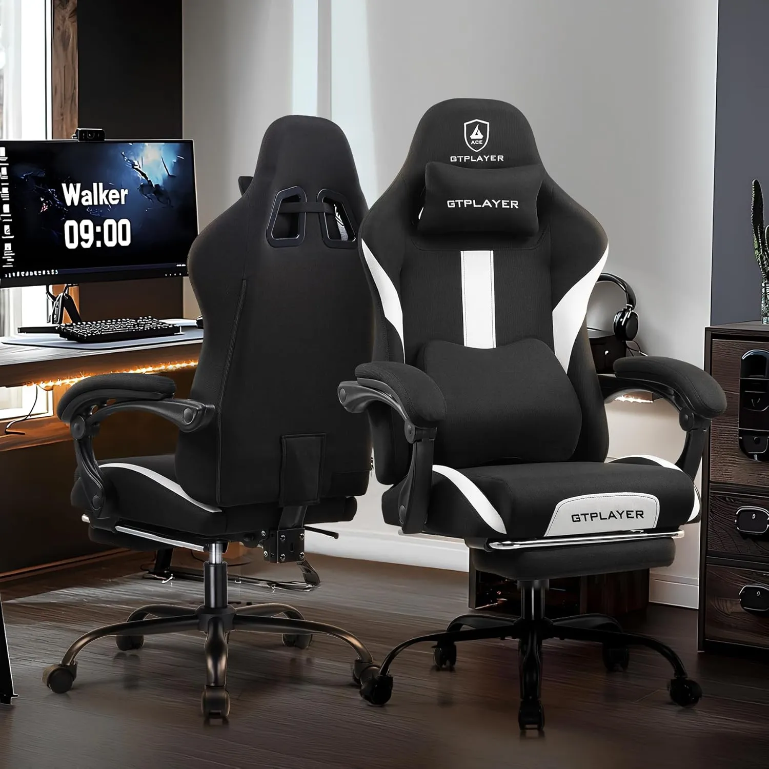 GTRACING Gaming Chair Ergonomic Office Chair with Foot Rest & Pocket Spring Cushion, High Back Computer Desk Chair with Headrest & Lumbar Support, Breathable Fabric Game Chair for Adults, Coal-Black