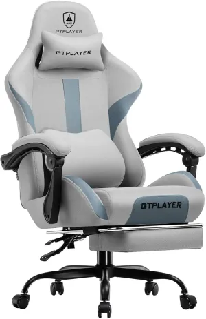 GTRACING Gaming Chair Ergonomic Office Chair with Foot Rest & Pocket Spring Cushion, High Back Computer Desk Chair with Headrest & Lumbar Support, Breathable Fabric Game Chair for Adults, Gray