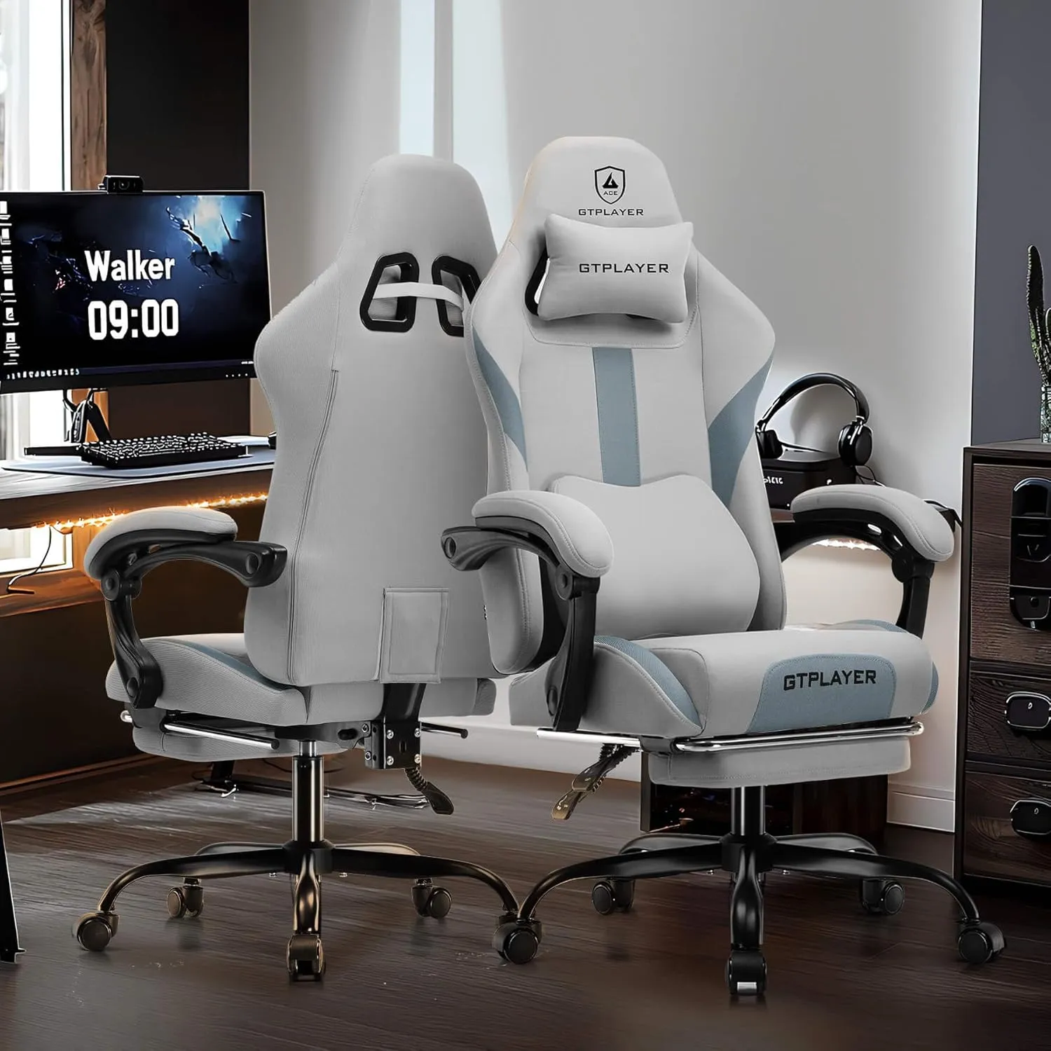 GTRACING Gaming Chair Ergonomic Office Chair with Foot Rest & Pocket Spring Cushion, High Back Computer Desk Chair with Headrest & Lumbar Support, Breathable Fabric Game Chair for Adults, Gray