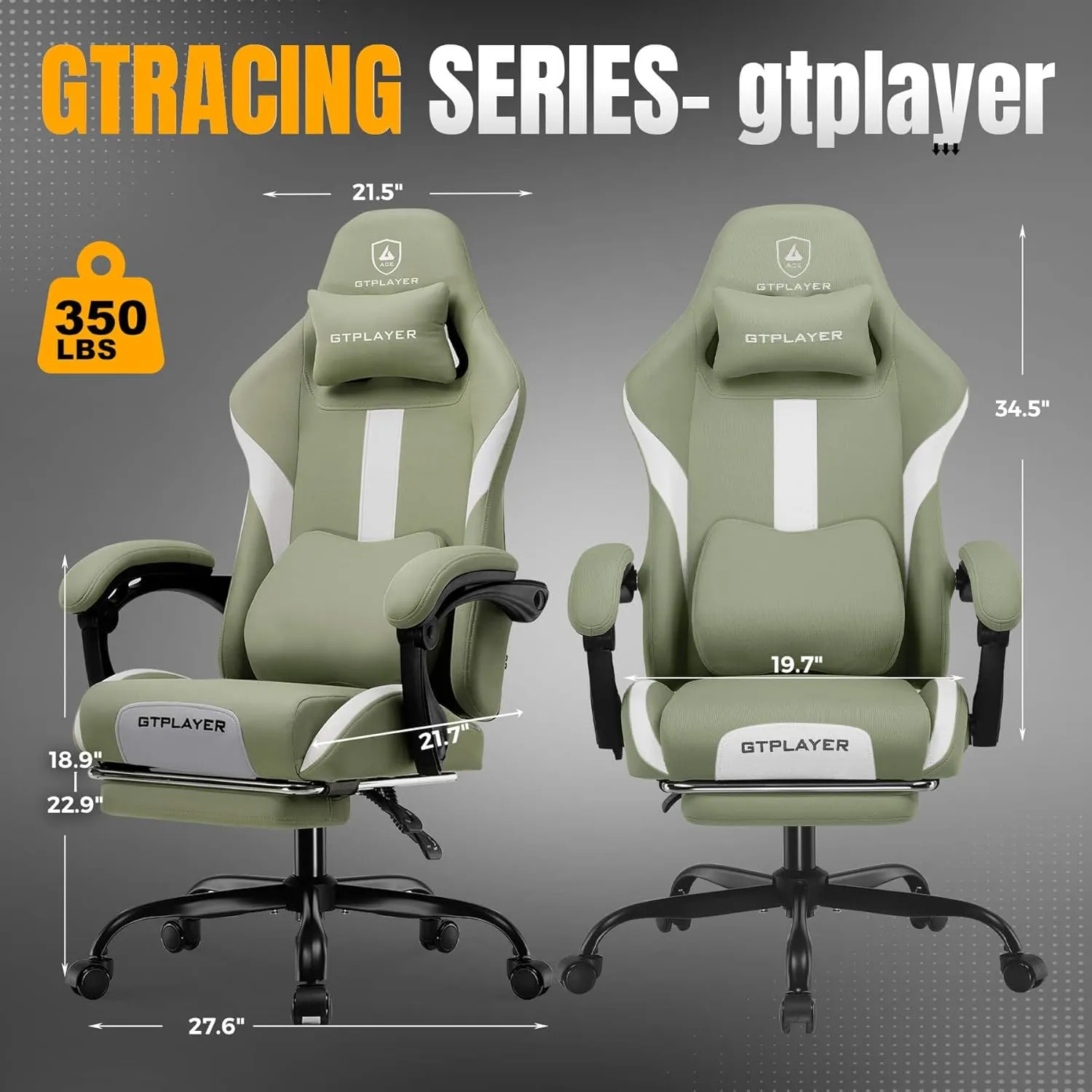 GTRACING Gaming Chair Ergonomic Office Chair with Foot Rest & Pocket Spring Cushion, High Back Computer Desk Chair with Headrest & Lumbar Support, Breathable Fabric Game Chair for Adults, Green
