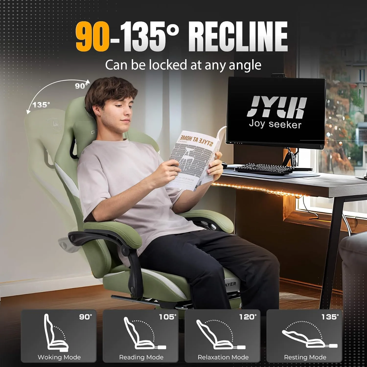 GTRACING Gaming Chair Ergonomic Office Chair with Foot Rest & Pocket Spring Cushion, High Back Computer Desk Chair with Headrest & Lumbar Support, Breathable Fabric Game Chair for Adults, Green
