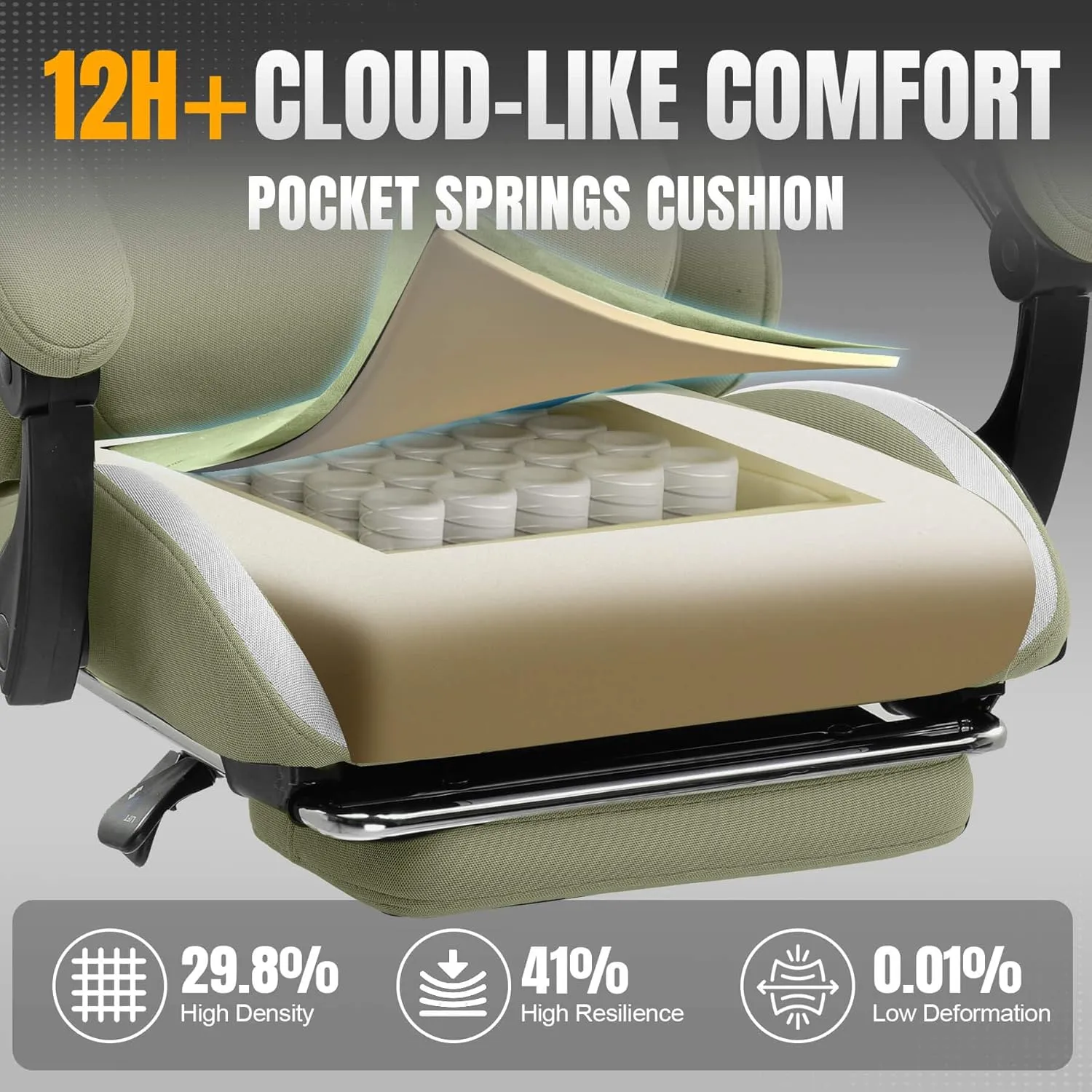 GTRACING Gaming Chair Ergonomic Office Chair with Foot Rest & Pocket Spring Cushion, High Back Computer Desk Chair with Headrest & Lumbar Support, Breathable Fabric Game Chair for Adults, Green