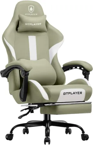 GTRACING Gaming Chair Ergonomic Office Chair with Foot Rest & Pocket Spring Cushion, High Back Computer Desk Chair with Headrest & Lumbar Support, Breathable Fabric Game Chair for Adults, Green