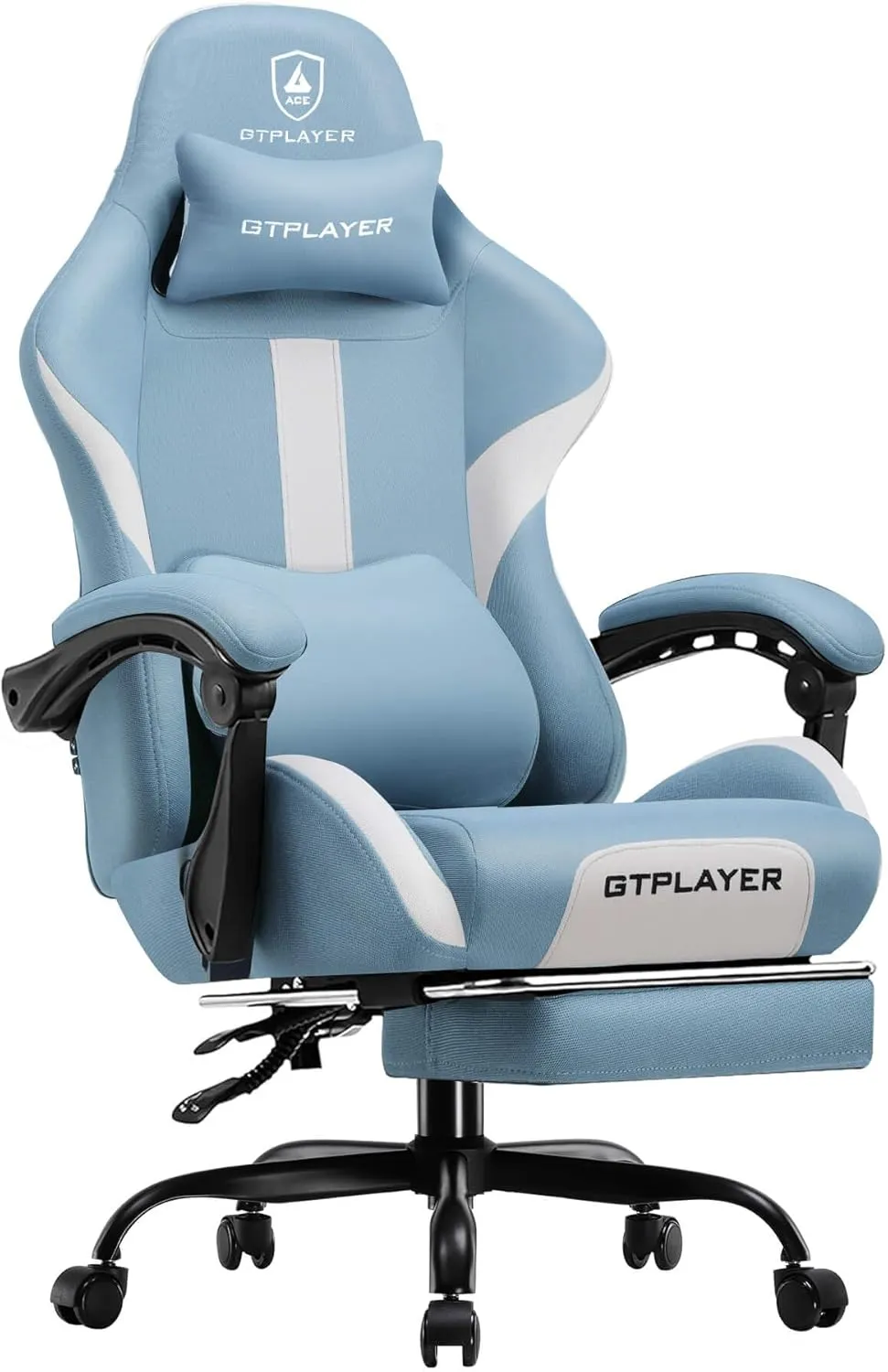 GTRACING Gaming Chair Ergonomic Office Chair with Foot Rest & Pocket Spring Cushion, High Back Computer Desk Chair with Headrest & Lumbar Support, Breathable Fabric Game Chair for Adults, Misty-Blue