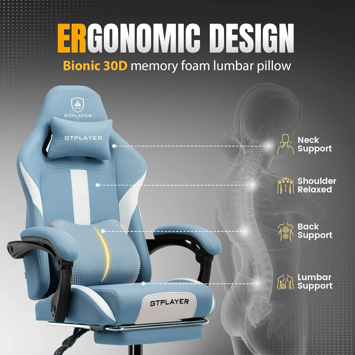 GTRACING Gaming Chair Ergonomic Office Chair with Foot Rest & Pocket Spring Cushion, High Back Computer Desk Chair with Headrest & Lumbar Support, Breathable Fabric Game Chair for Adults, Misty-Blue