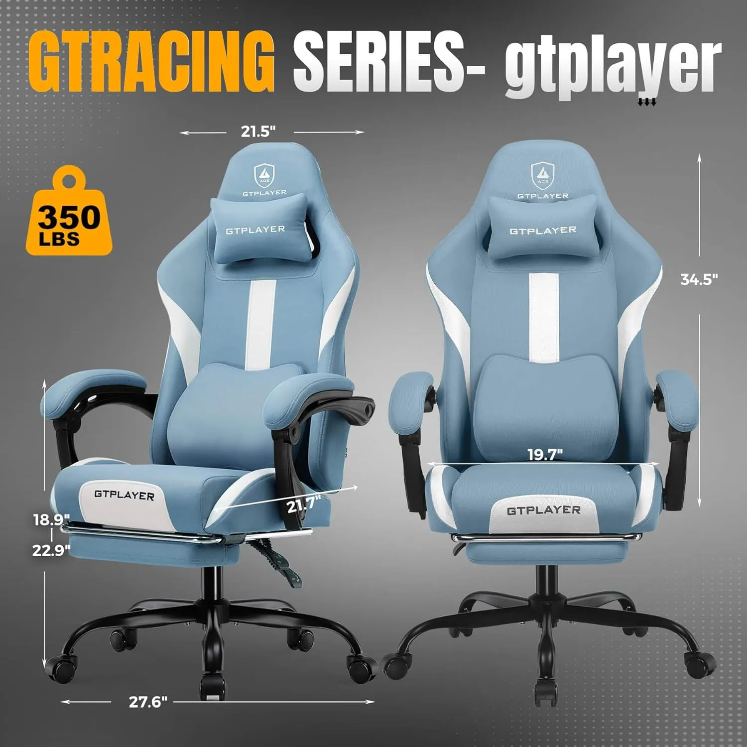 GTRACING Gaming Chair Ergonomic Office Chair with Foot Rest & Pocket Spring Cushion, High Back Computer Desk Chair with Headrest & Lumbar Support, Breathable Fabric Game Chair for Adults, Misty-Blue