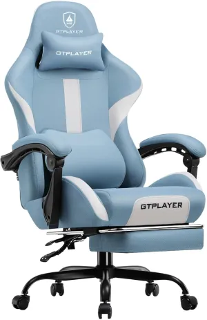 GTRACING Gaming Chair Ergonomic Office Chair with Foot Rest & Pocket Spring Cushion, High Back Computer Desk Chair with Headrest & Lumbar Support, Breathable Fabric Game Chair for Adults, Misty-Blue