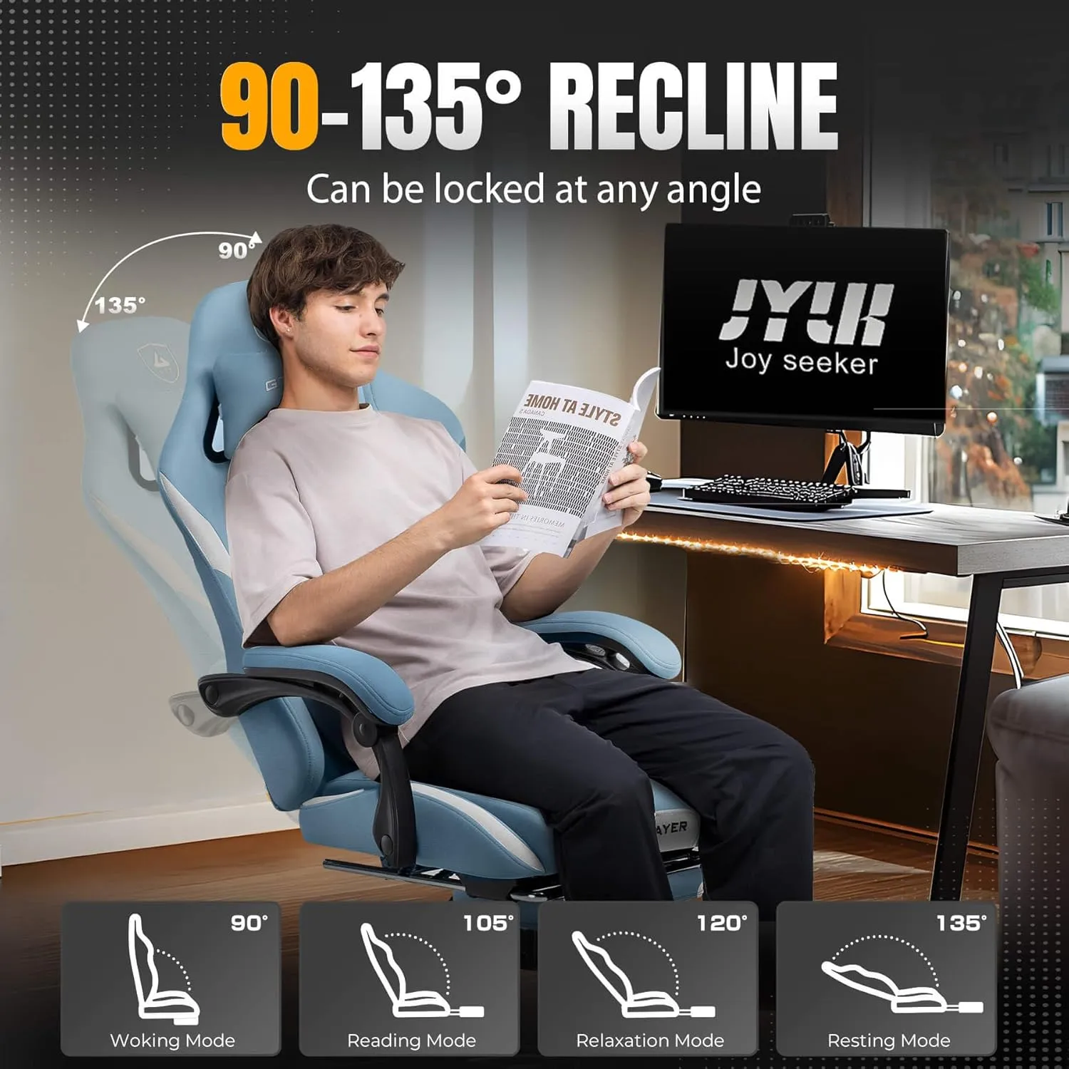 GTRACING Gaming Chair Ergonomic Office Chair with Foot Rest & Pocket Spring Cushion, High Back Computer Desk Chair with Headrest & Lumbar Support, Breathable Fabric Game Chair for Adults, Misty-Blue