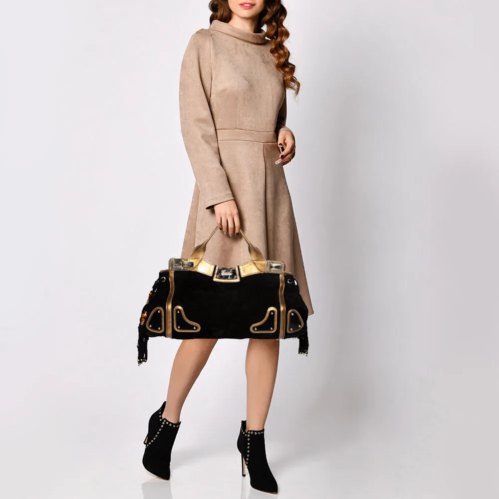 Gucci Black/Metallic Gold Suede and Leather Satchel