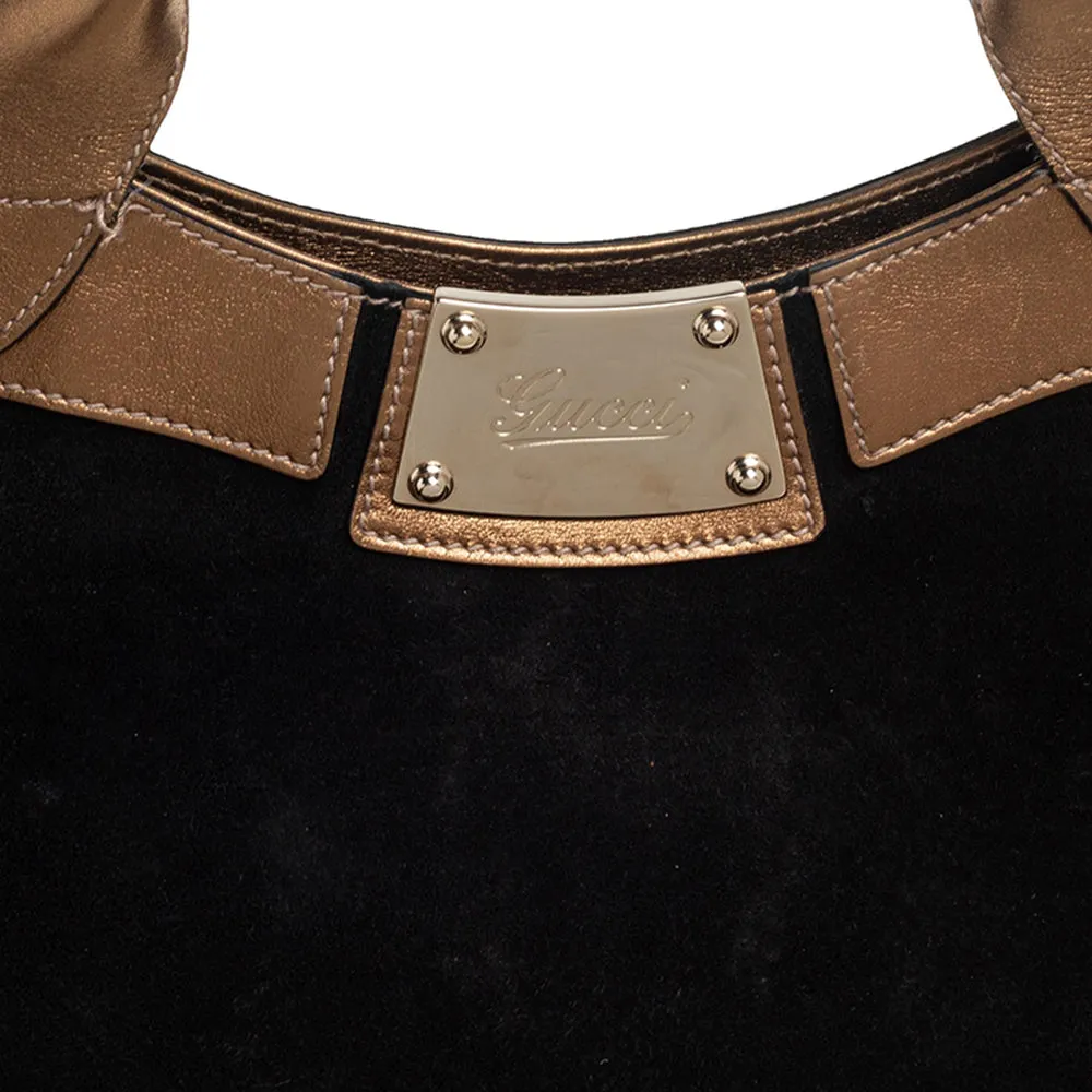 Gucci Black/Metallic Gold Suede and Leather Satchel