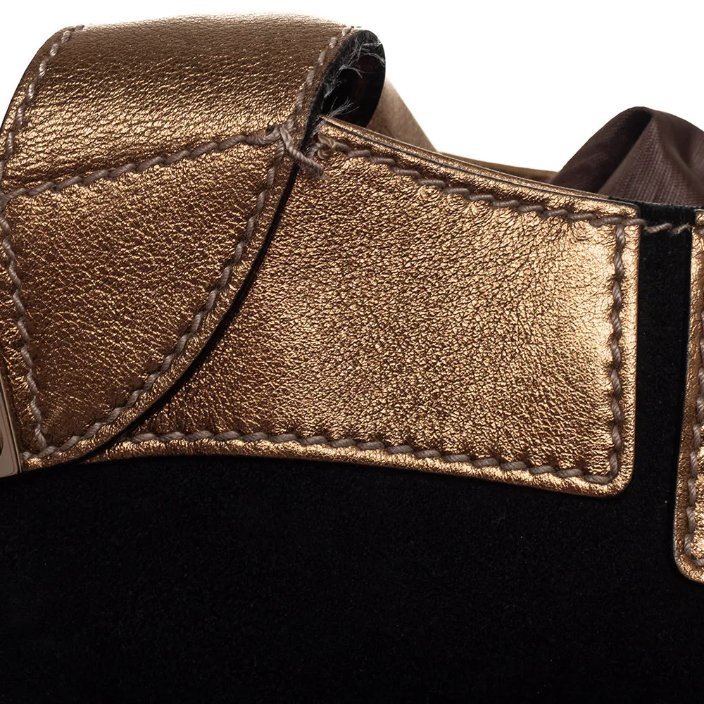 Gucci Black/Metallic Gold Suede and Leather Satchel