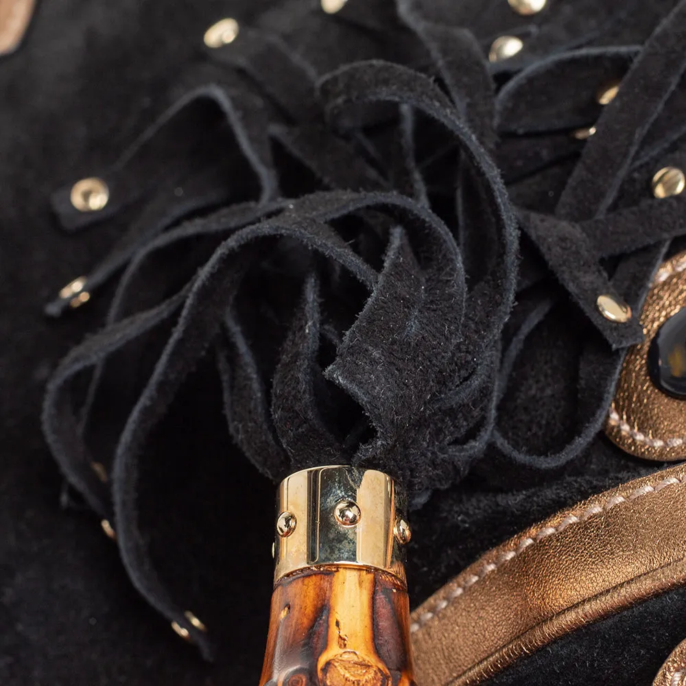 Gucci Black/Metallic Gold Suede and Leather Satchel