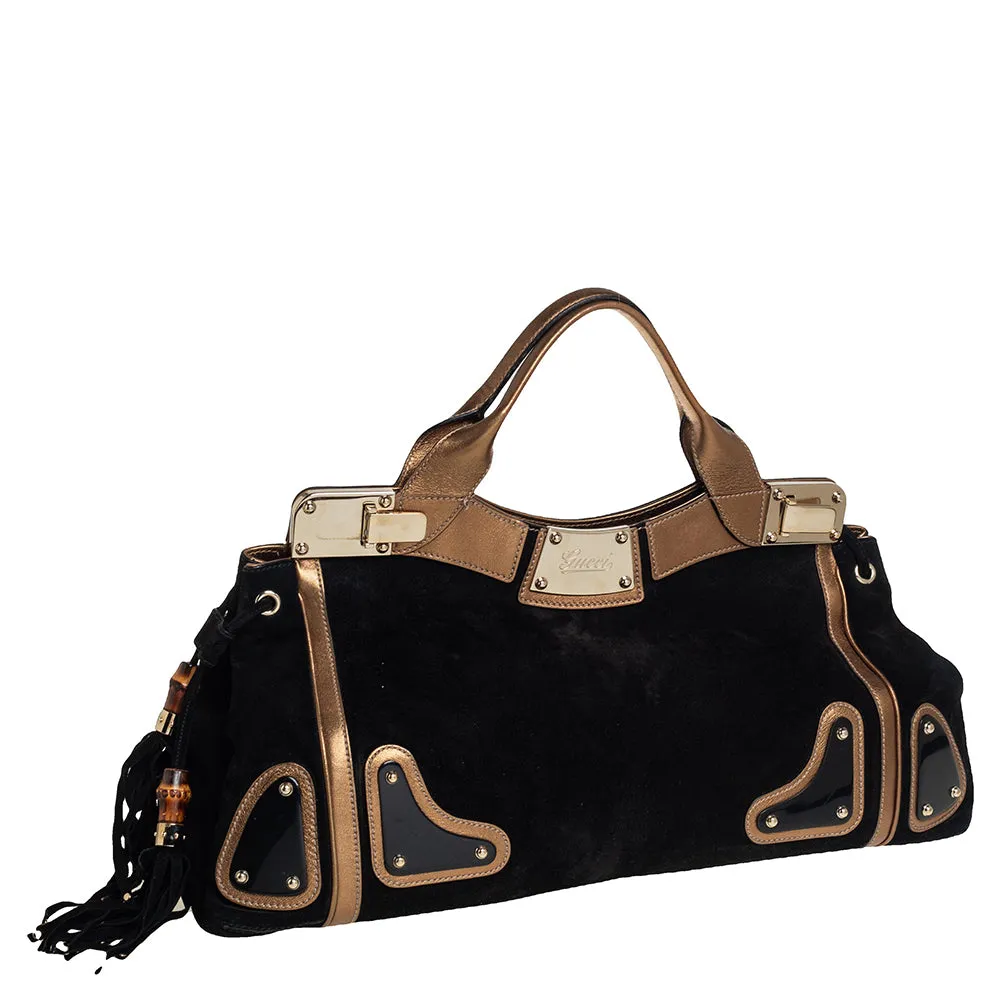 Gucci Black/Metallic Gold Suede and Leather Satchel