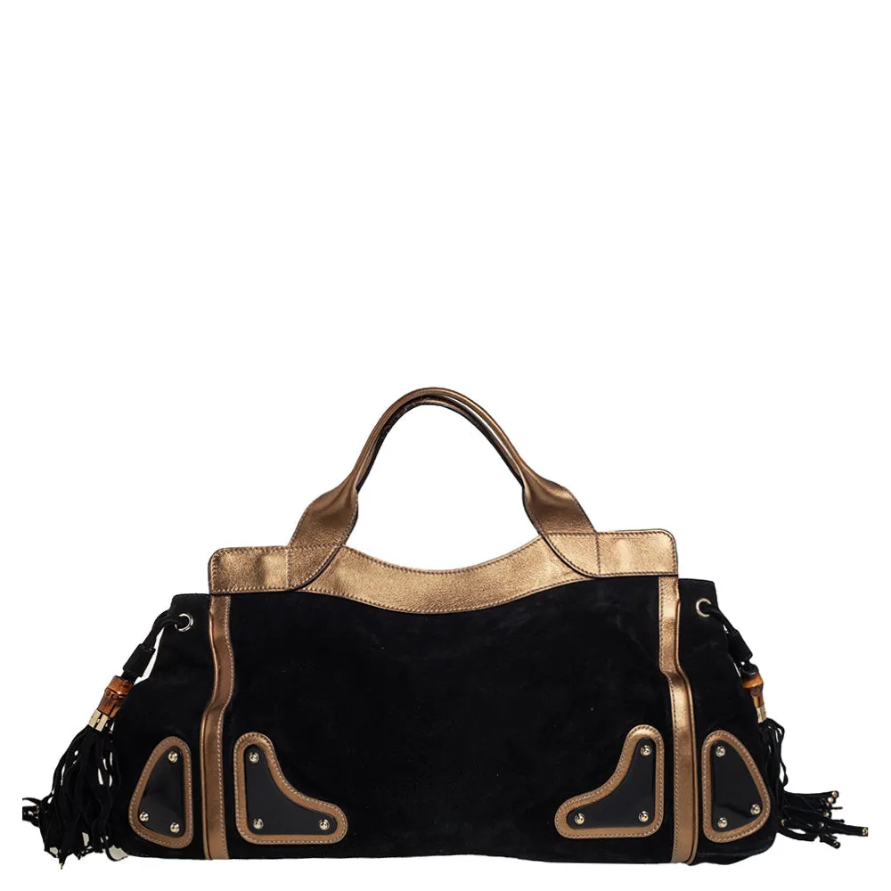 Gucci Black/Metallic Gold Suede and Leather Satchel