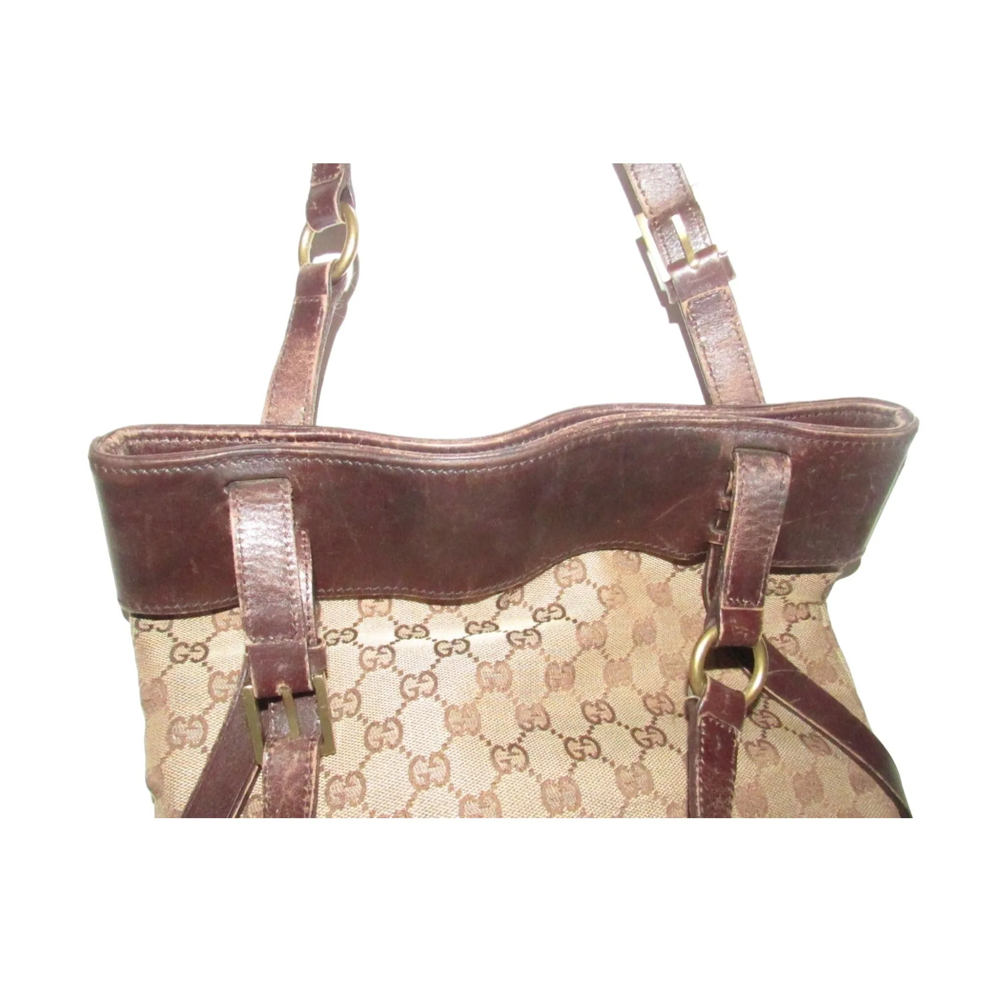 Gucci brown Guccissima print canvas & leather strappy cylindrical tote with brass accents