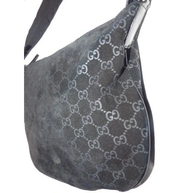 Gucci Vintage Black With Metallic Embossed G Logo Print Suede Leather Hobo Bag