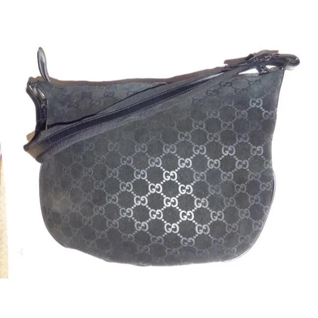 Gucci Vintage Black With Metallic Embossed G Logo Print Suede Leather Hobo Bag