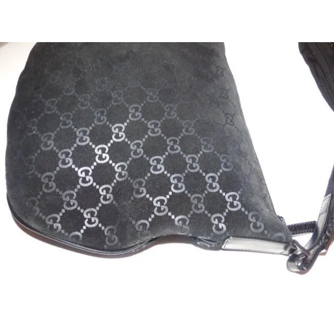 Gucci Vintage Black With Metallic Embossed G Logo Print Suede Leather Hobo Bag