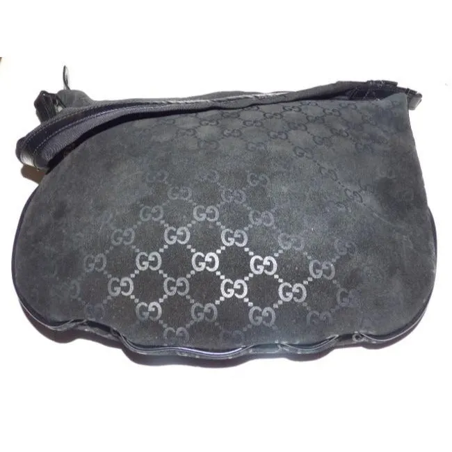 Gucci Vintage Black With Metallic Embossed G Logo Print Suede Leather Hobo Bag