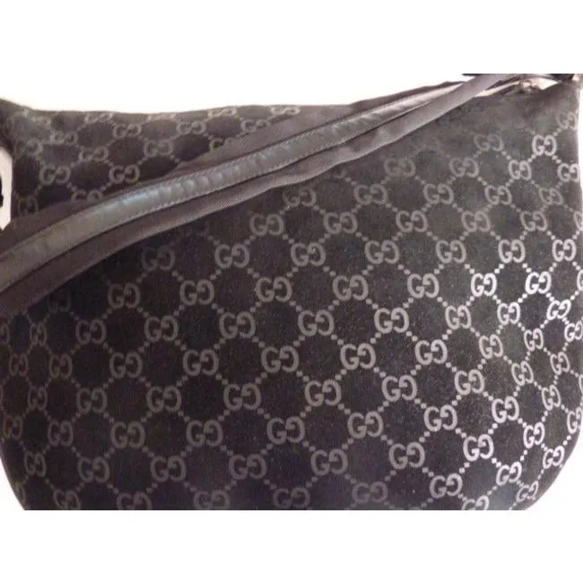 Gucci Vintage Black With Metallic Embossed G Logo Print Suede Leather Hobo Bag