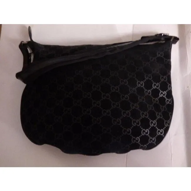 Gucci Vintage Black With Metallic Embossed G Logo Print Suede Leather Hobo Bag