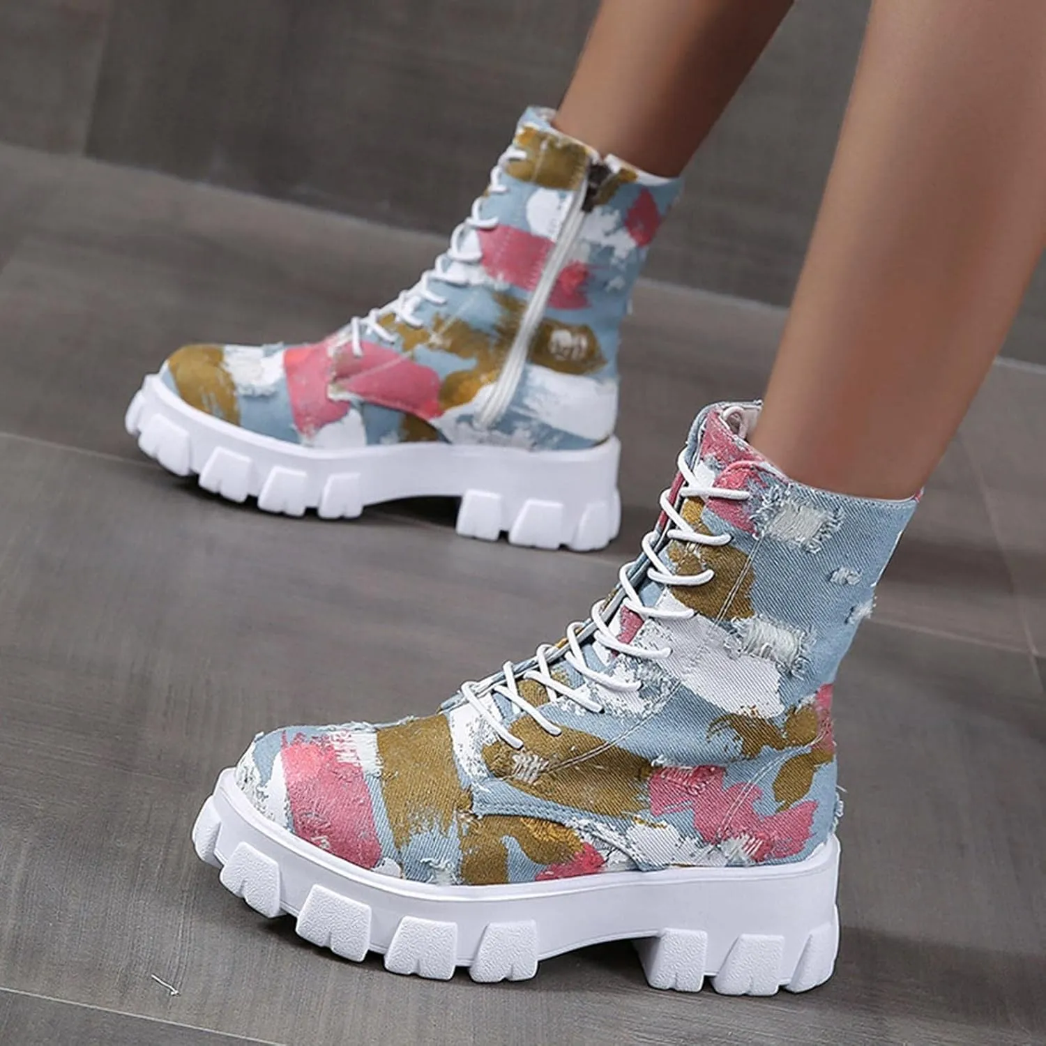 Hbeylia High Top Canvas Shoes For Women Fashion Graffiti Chunky Bottom Heels Fashion Sneakers Anti Slip Casual Lace Up Platform Wedge Play Sneakers Ankle Booties Short Boots For Ladies Students