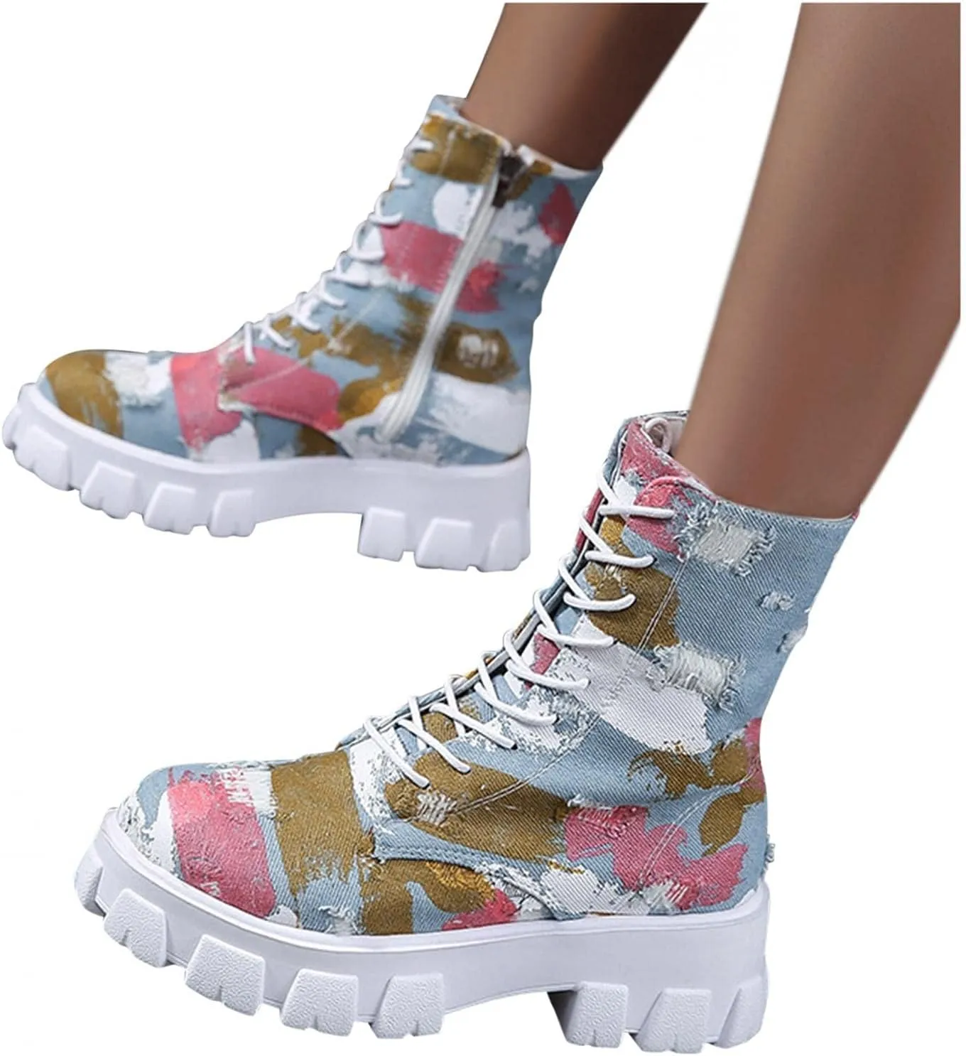 Hbeylia High Top Canvas Shoes For Women Fashion Graffiti Chunky Bottom Heels Fashion Sneakers Anti Slip Casual Lace Up Platform Wedge Play Sneakers Ankle Booties Short Boots For Ladies Students
