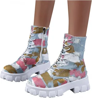 Hbeylia High Top Canvas Shoes For Women Fashion Graffiti Chunky Bottom Heels Fashion Sneakers Anti Slip Casual Lace Up Platform Wedge Play Sneakers Ankle Booties Short Boots For Ladies Students