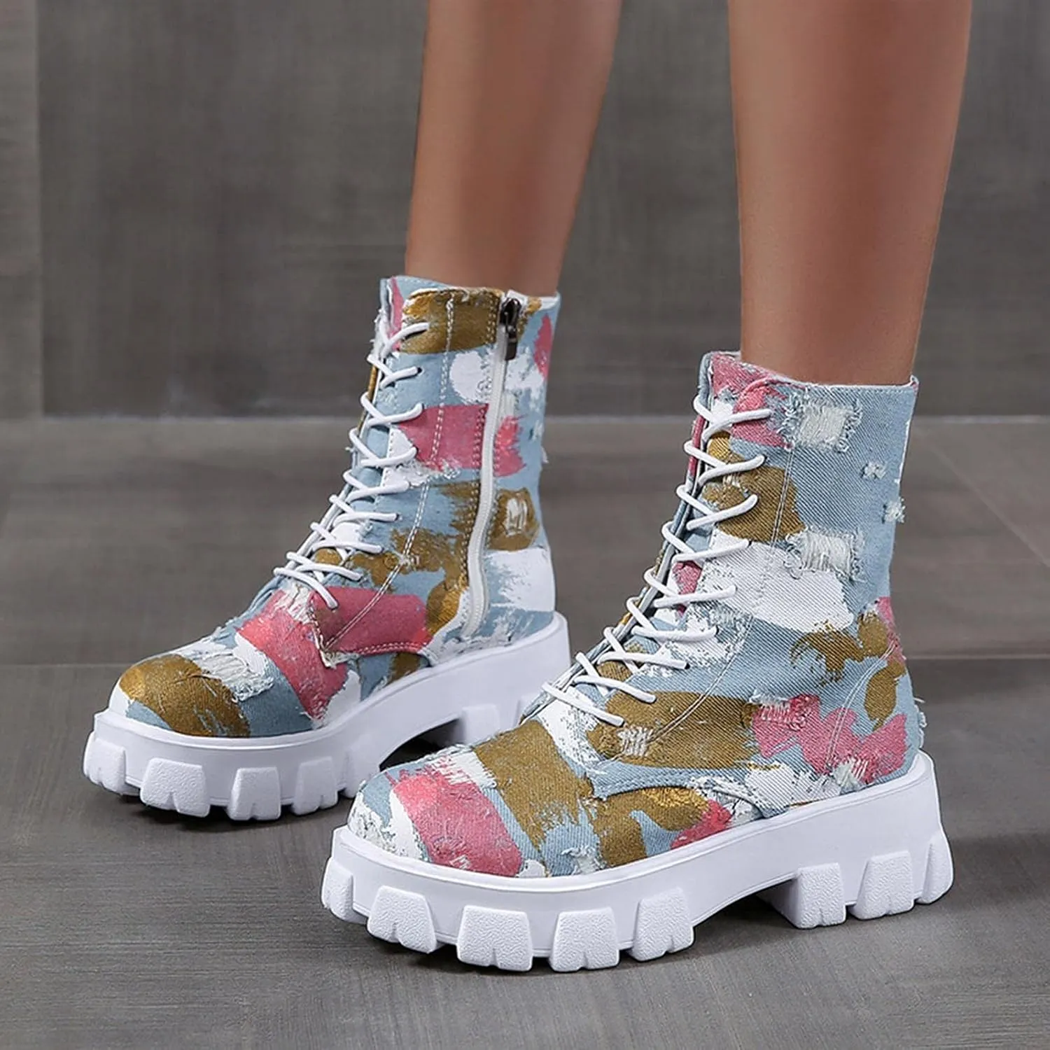 Hbeylia High Top Canvas Shoes For Women Fashion Graffiti Chunky Bottom Heels Fashion Sneakers Anti Slip Casual Lace Up Platform Wedge Play Sneakers Ankle Booties Short Boots For Ladies Students