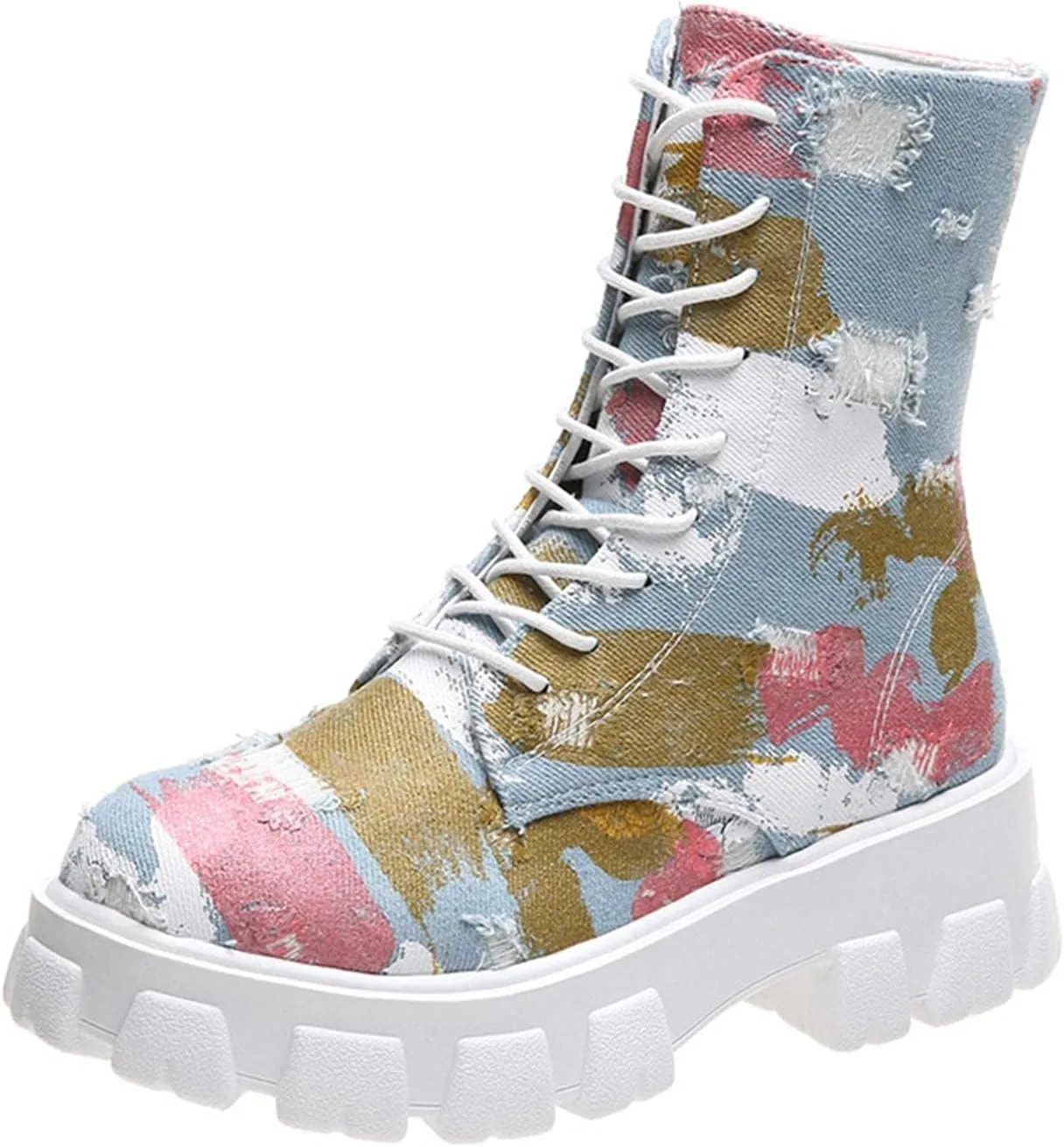 Hbeylia High Top Canvas Shoes For Women Fashion Graffiti Chunky Bottom Heels Fashion Sneakers Anti Slip Casual Lace Up Platform Wedge Play Sneakers Ankle Booties Short Boots For Ladies Students