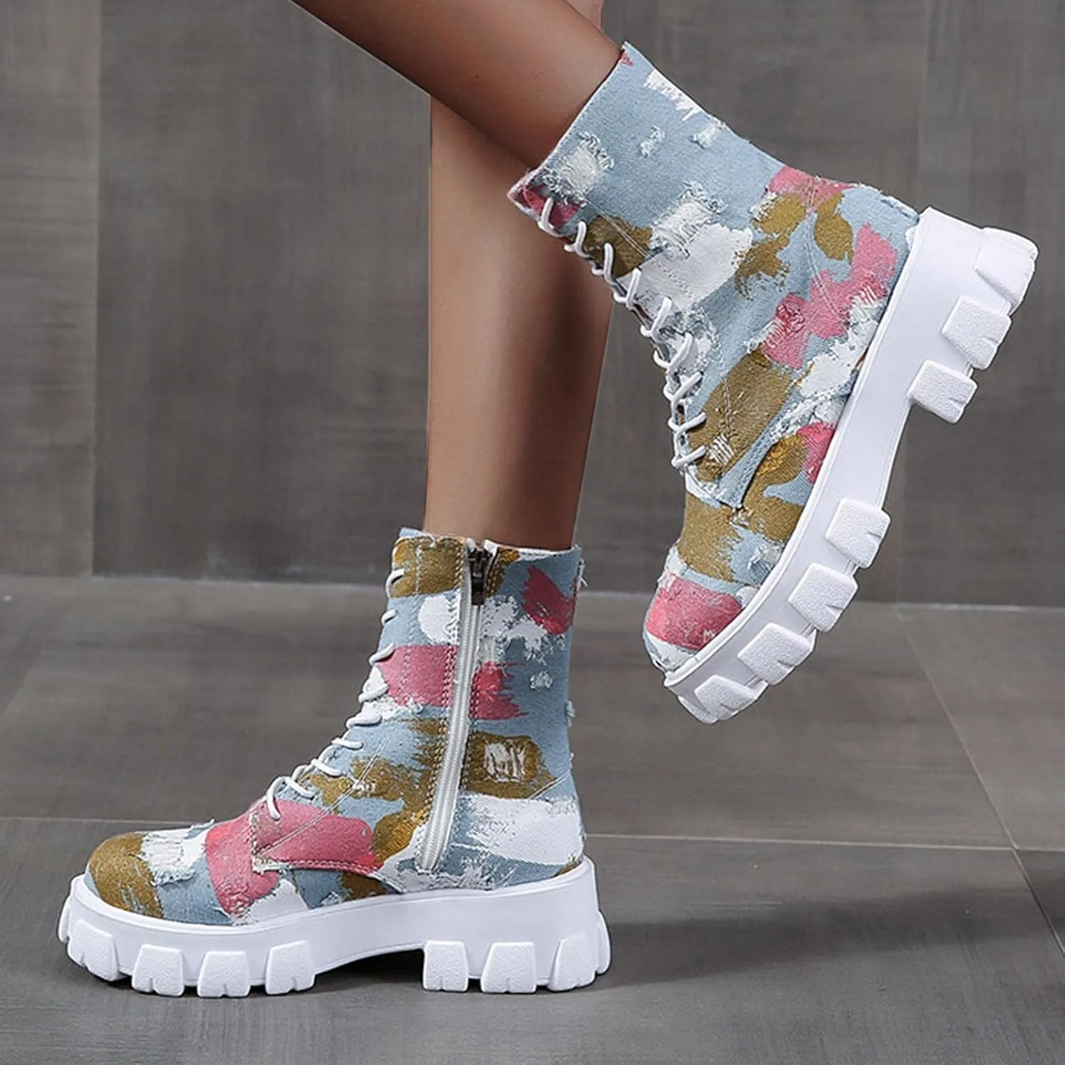 Hbeylia High Top Canvas Shoes For Women Fashion Graffiti Chunky Bottom Heels Fashion Sneakers Anti Slip Casual Lace Up Platform Wedge Play Sneakers Ankle Booties Short Boots For Ladies Students