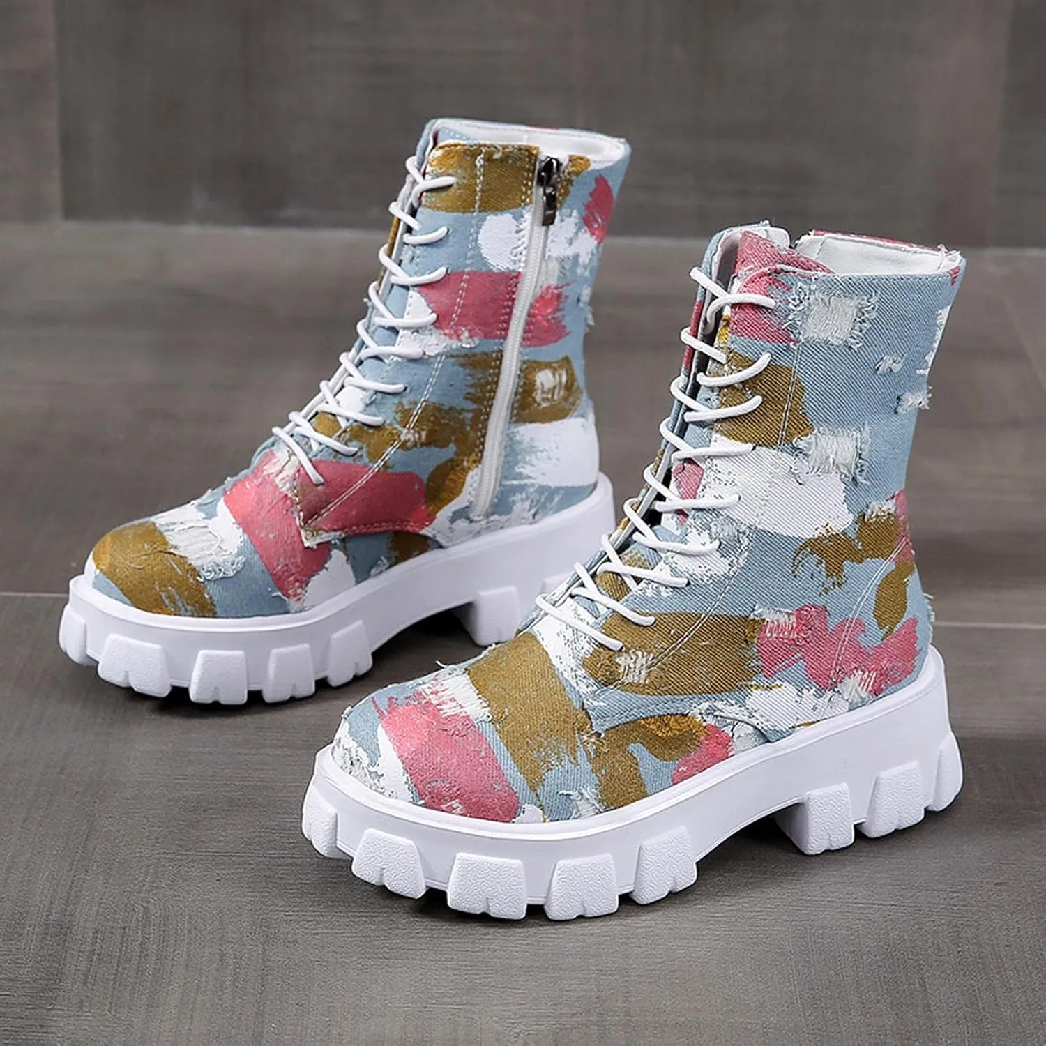 Hbeylia High Top Canvas Shoes For Women Fashion Graffiti Chunky Bottom Heels Fashion Sneakers Anti Slip Casual Lace Up Platform Wedge Play Sneakers Ankle Booties Short Boots For Ladies Students