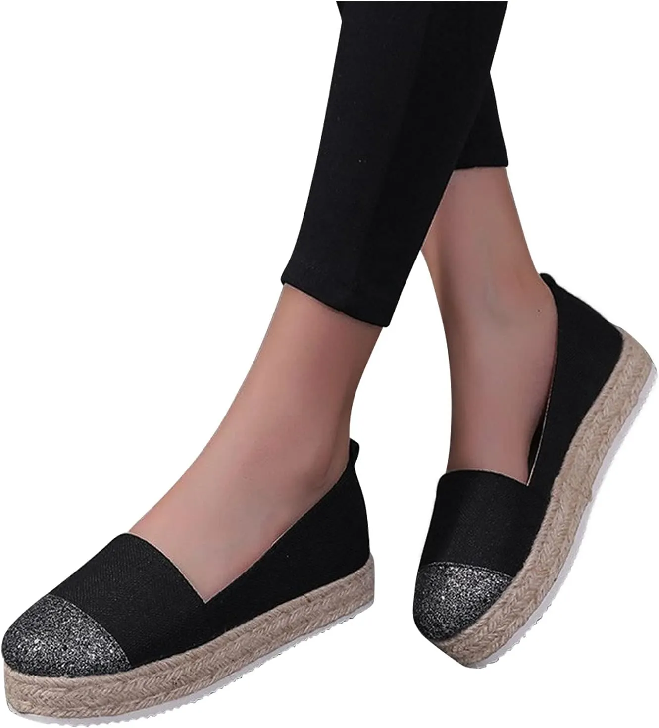 Hbeylia Platform Espadrilles for Women Breathable Cotton Linen Glitter Sequin Closed Toe Slip On Sneaker Shoes High Heel Dress Loafer Ballet Flat for Ladies (Black, 8.5)