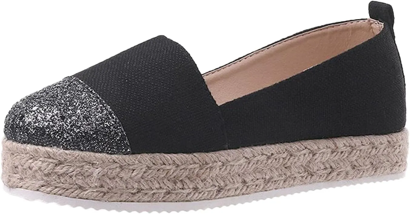 Hbeylia Platform Espadrilles for Women Breathable Cotton Linen Glitter Sequin Closed Toe Slip On Sneaker Shoes High Heel Dress Loafer Ballet Flat for Ladies (Black, 8.5)