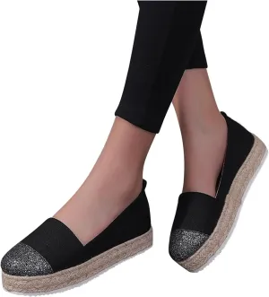 Hbeylia Platform Espadrilles for Women Breathable Cotton Linen Glitter Sequin Closed Toe Slip On Sneaker Shoes High Heel Dress Loafer Ballet Flat for Ladies (Black, 8.5)