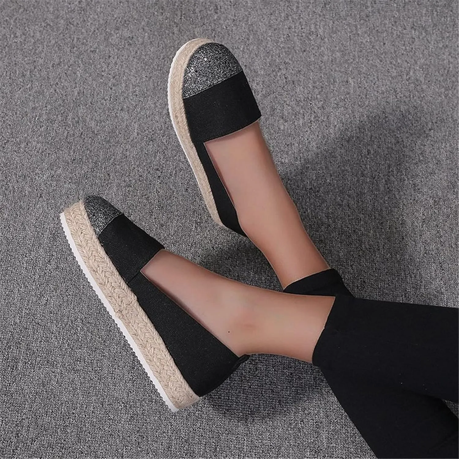 Hbeylia Platform Espadrilles for Women Breathable Cotton Linen Glitter Sequin Closed Toe Slip On Sneaker Shoes High Heel Dress Loafer Ballet Flat for Ladies (Black, 8.5)