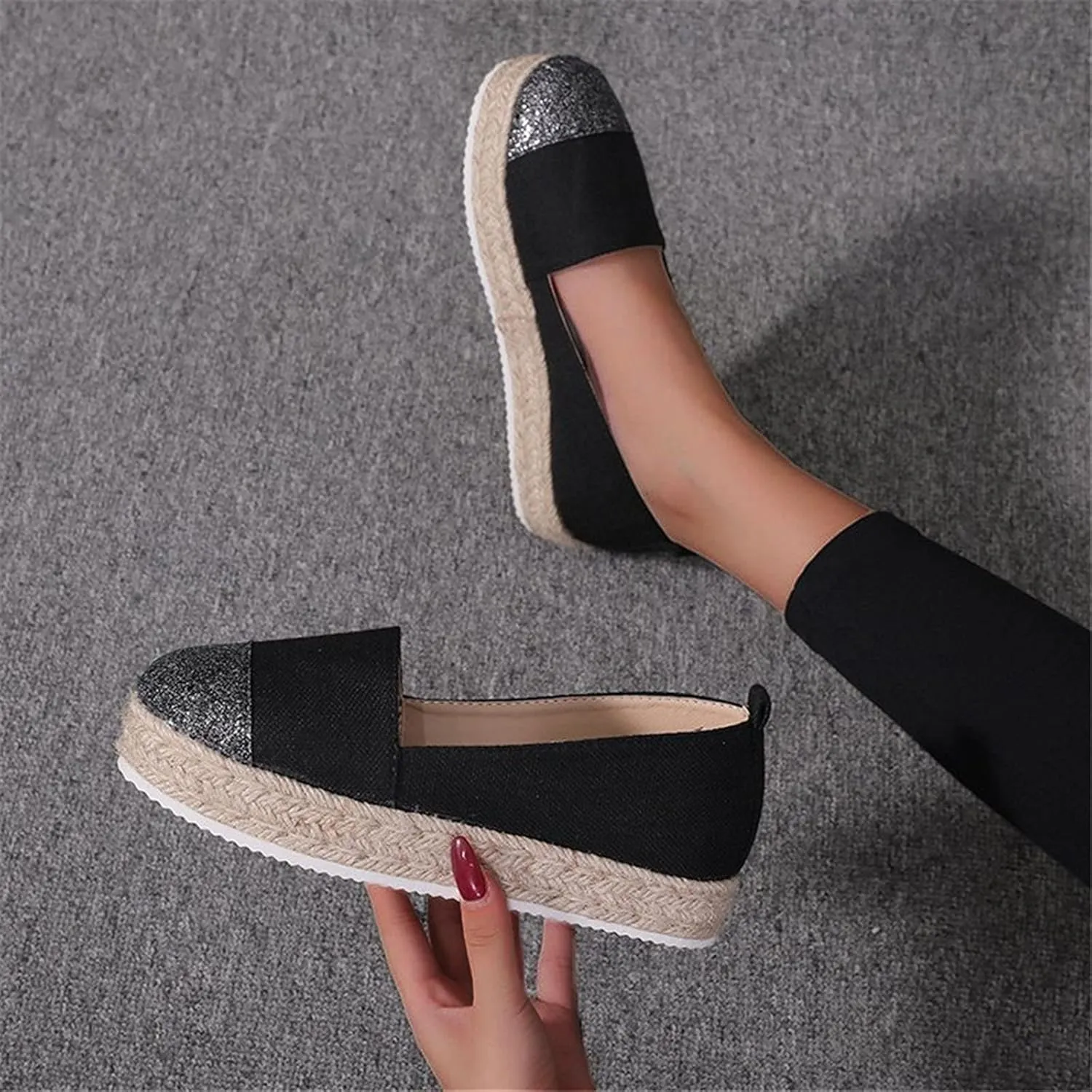 Hbeylia Platform Espadrilles for Women Breathable Cotton Linen Glitter Sequin Closed Toe Slip On Sneaker Shoes High Heel Dress Loafer Ballet Flat for Ladies (Black, 8.5)
