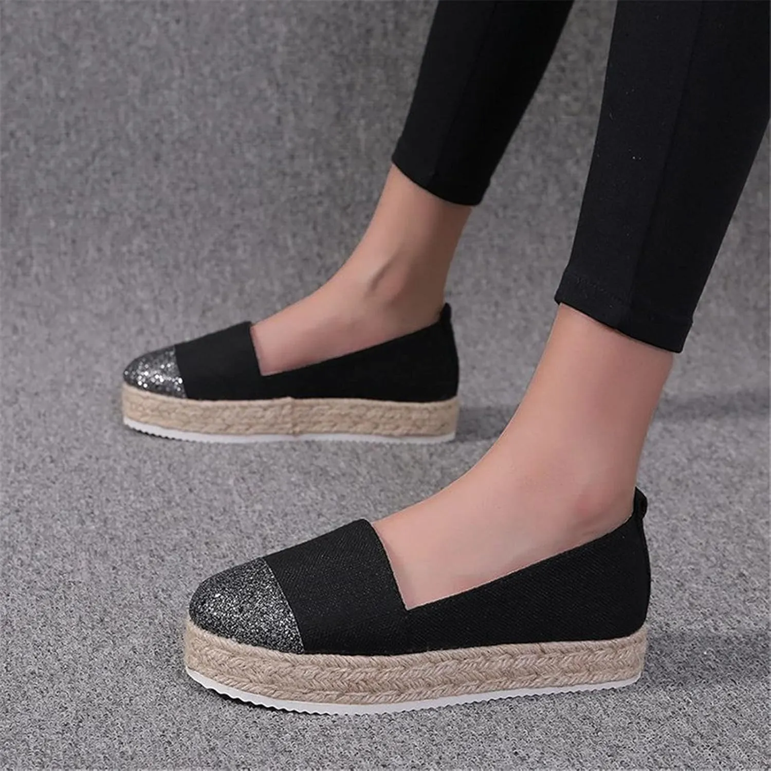 Hbeylia Platform Espadrilles for Women Breathable Cotton Linen Glitter Sequin Closed Toe Slip On Sneaker Shoes High Heel Dress Loafer Ballet Flat for Ladies (Black, 8.5)