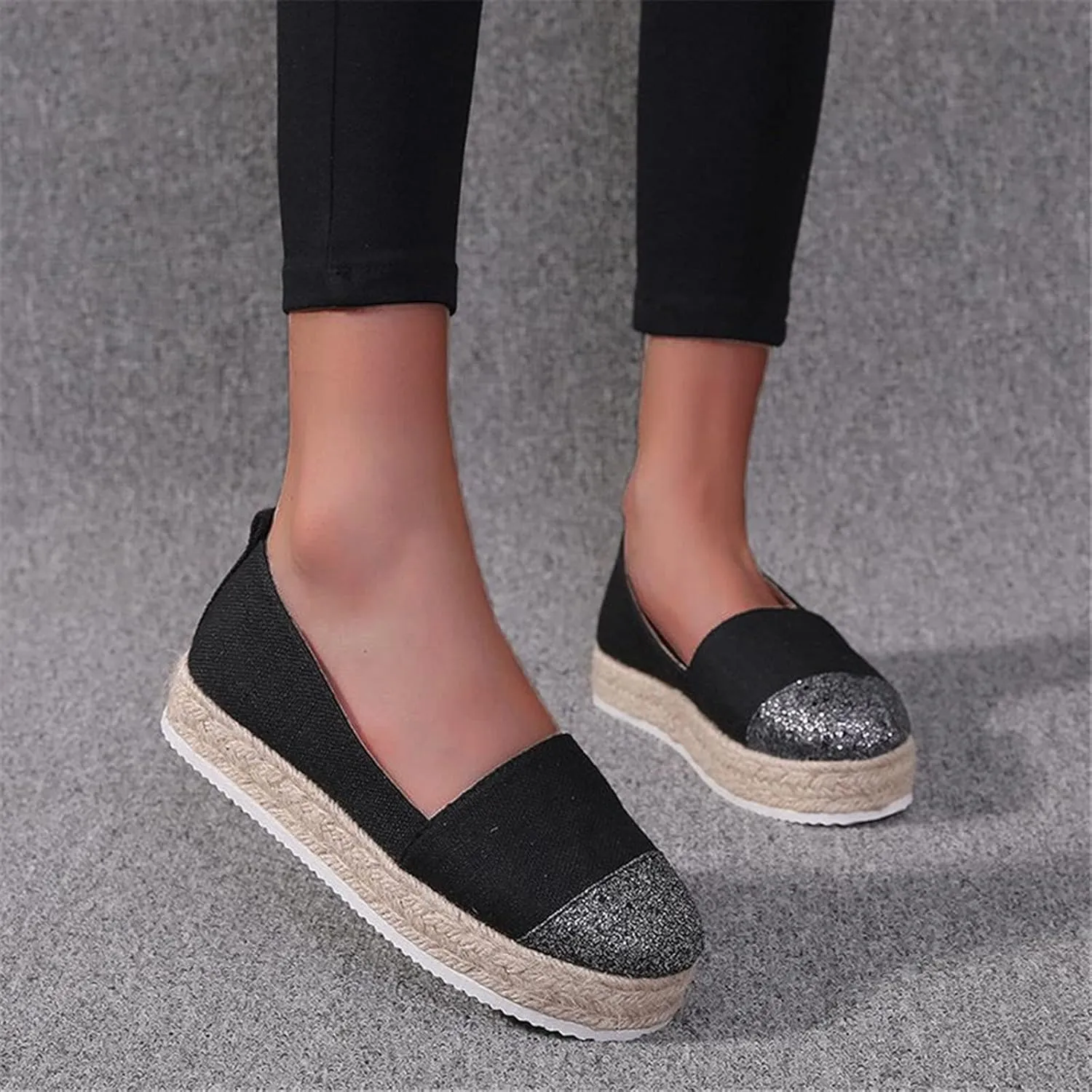Hbeylia Platform Espadrilles for Women Breathable Cotton Linen Glitter Sequin Closed Toe Slip On Sneaker Shoes High Heel Dress Loafer Ballet Flat for Ladies (Black, 8.5)