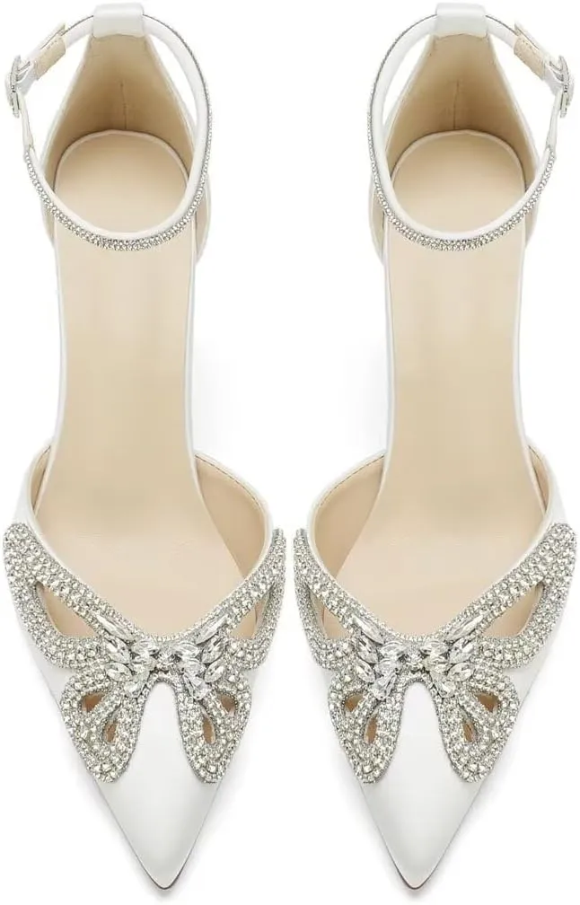 High Heel Wedding Shoes for Bride Closed Toe Bridal Heels Rhinestones Butterfly Prom Evening Party Shoes