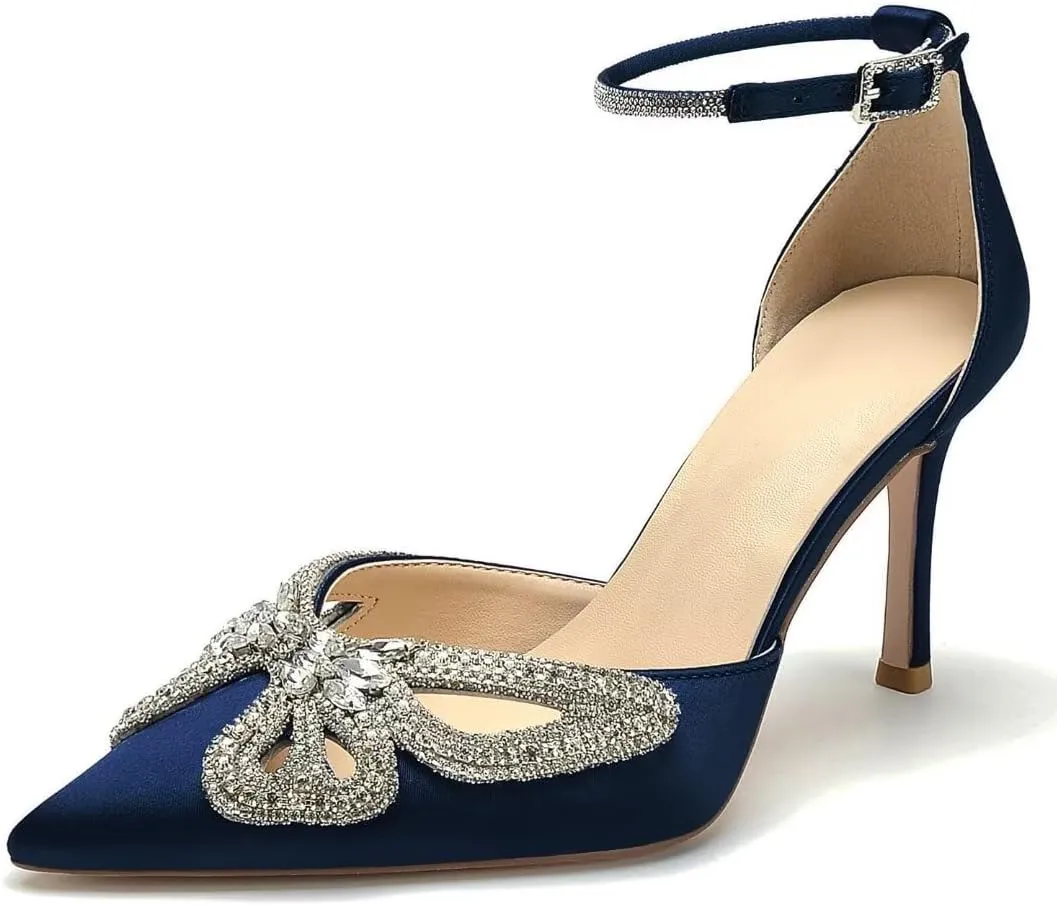 High Heel Wedding Shoes for Bride Closed Toe Bridal Heels Rhinestones Butterfly Prom Evening Party Shoes