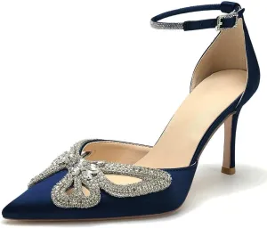 High Heel Wedding Shoes for Bride Closed Toe Bridal Heels Rhinestones Butterfly Prom Evening Party Shoes