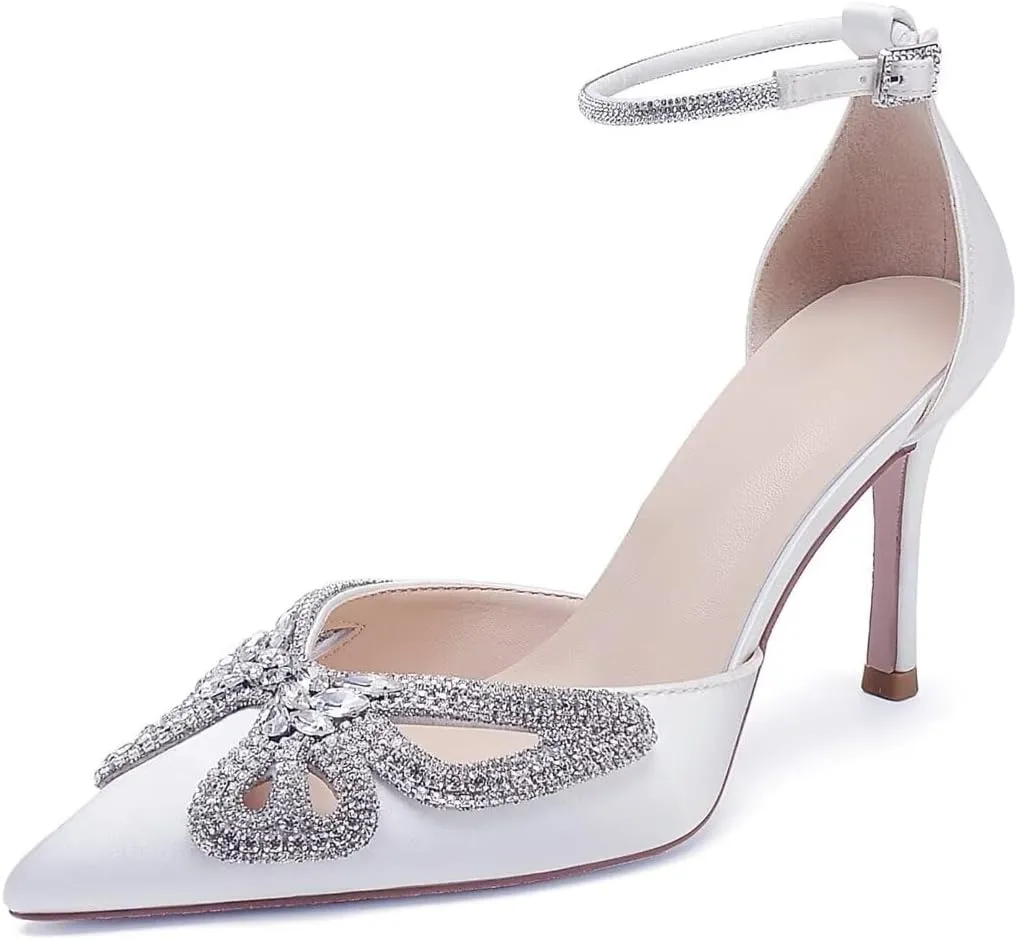 High Heel Wedding Shoes for Bride Closed Toe Bridal Heels Rhinestones Butterfly Prom Evening Party Shoes