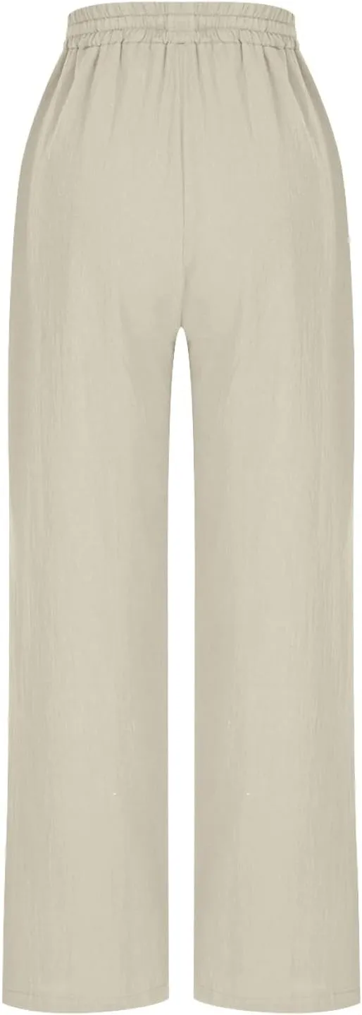 High Waisted Pants for Women Casual Comfy Wide Leg Stretchy Pant Solid Color Cotton Linen Pocketed Bootcut Trousers