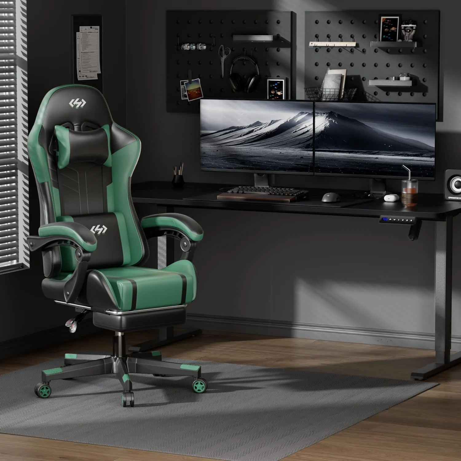 HLDIRECT Gaming Chair, Ergonomic Video Game Seat with 360° Swivel & Lumbar Massage, Computer Chair PU Leather Cushion for Adults Home/Office Use (Black & Green)