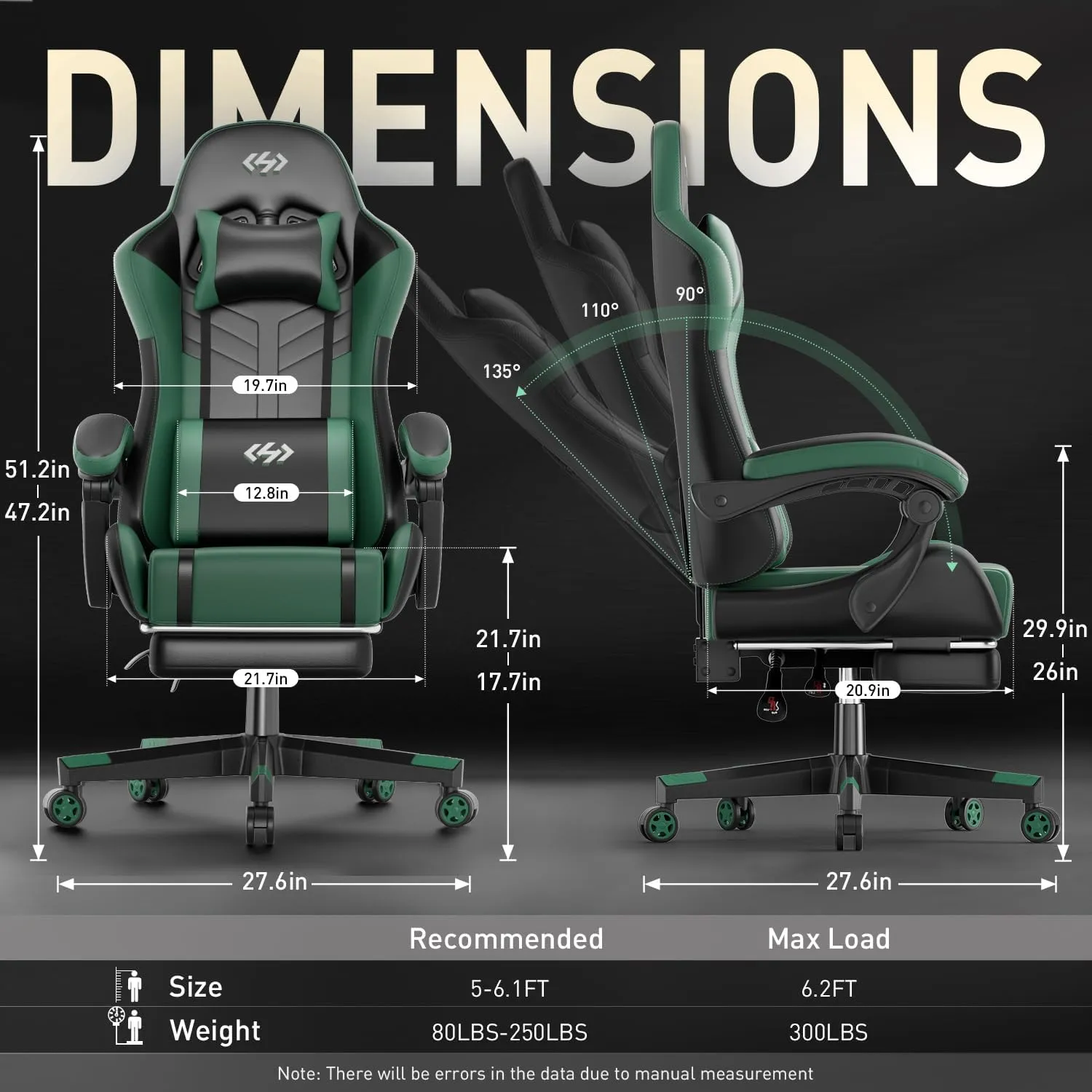 HLDIRECT Gaming Chair, Ergonomic Video Game Seat with 360° Swivel & Lumbar Massage, Computer Chair PU Leather Cushion for Adults Home/Office Use (Black & Green)