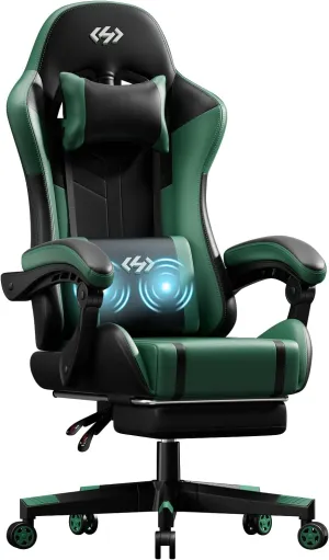 HLDIRECT Gaming Chair, Ergonomic Video Game Seat with 360° Swivel & Lumbar Massage, Computer Chair PU Leather Cushion for Adults Home/Office Use (Black & Green)