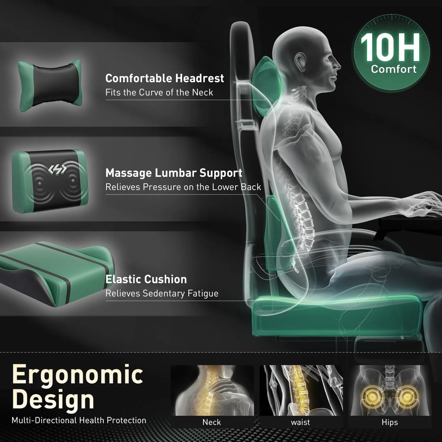 HLDIRECT Gaming Chair, Ergonomic Video Game Seat with 360° Swivel & Lumbar Massage, Computer Chair PU Leather Cushion for Adults Home/Office Use (Black & Green)