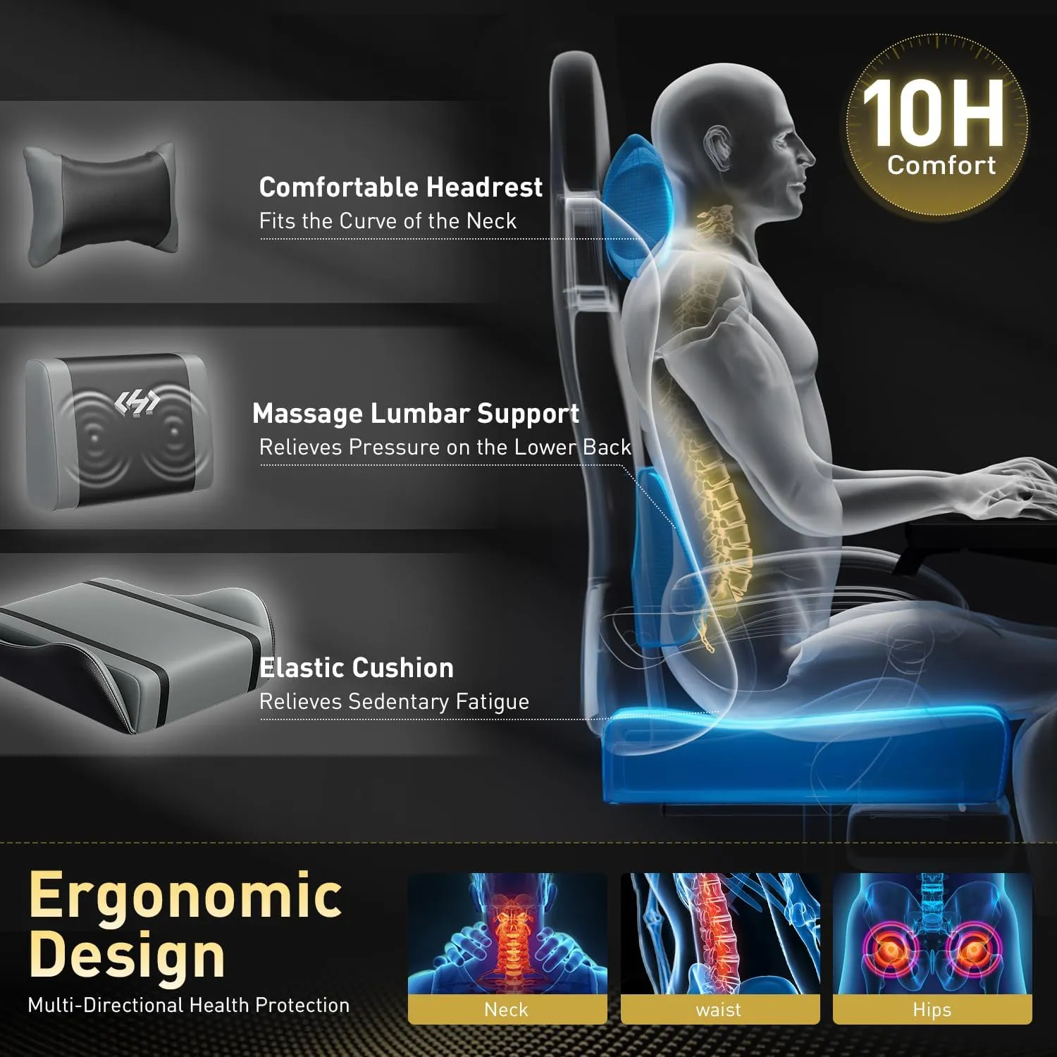 HLDIRECT Gaming Chair, Ergonomic Video Game Seat with 360° Swivel & Lumbar Massage, Computer Chair PU Leather Cushion for Adults Home/Office Use (Black & Grey)